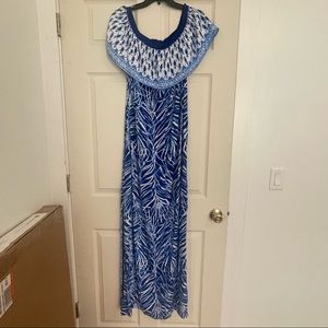 Lilly Pulitzer blue and white maxi dress with slit. Off the shoulder.